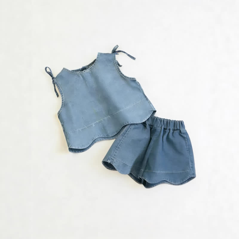 ベビー・幼児用女の子向け無地タンクトップ＆ショートパンツ デニムセット - 青 - 4～5歳 - image 3