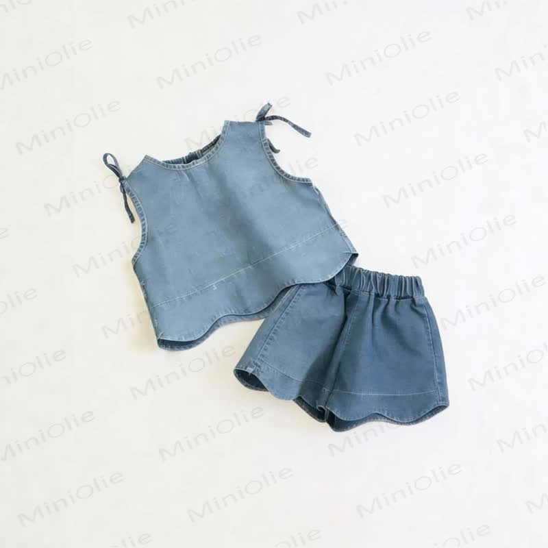 ベビー・幼児用女の子向け無地タンクトップ＆ショートパンツ デニムセット - 青 - 4～5歳 - image 3