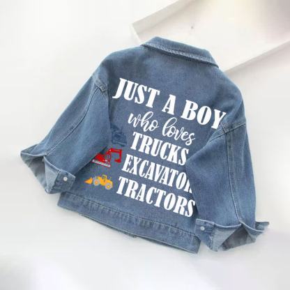 JUST A BOY WHO LOVES TRUCKS EXCAVATORS TRACTORSの幼児用デニムジャケット - image 2
