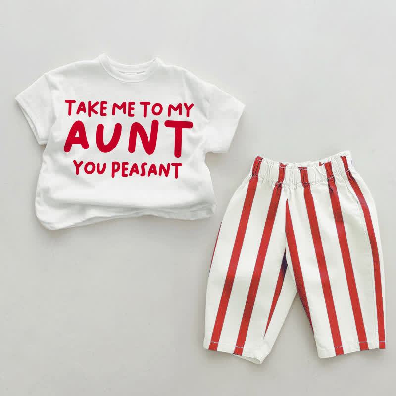 TAKE ME TO MY AUNT YOU PEASANT！ベビーレッドの縦縞模様のツーピースセット - 白と赤 - 2～3歳 - image 1