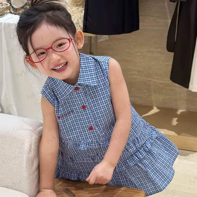 幼児用女の子向けネイビーブルーギンガムチェック柄コットンノースリーブDress - image 2