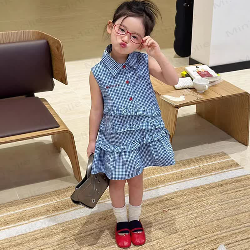 幼児用女の子向けネイビーブルーギンガムチェック柄コットンノースリーブDress - 青 - 8-9T - image 1