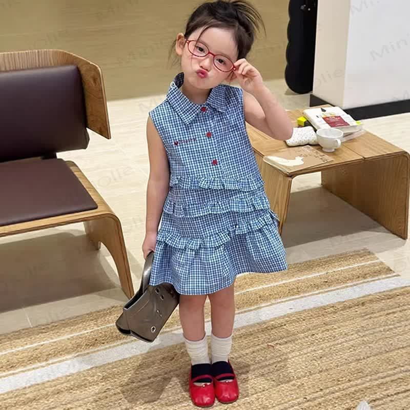 幼児用女の子向けネイビーブルーギンガムチェック柄コットンノースリーブDress - 青 - 8-9T - image 1