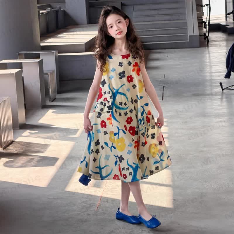 キッズガールズ用コットン花柄ノースリーブDress - ベージュ - 14-15T - image 2