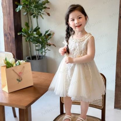 幼児用女の子用リボン付きチュールプリンセスノースリーブDress - ベージュ - 8-9T - image 2