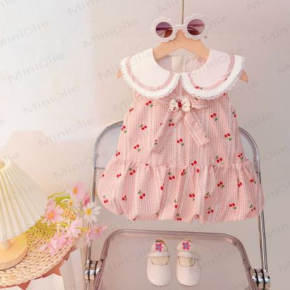 ベビー・幼児用女の子向けコットンリボン付きギンガムチェックチェリー柄ノースリーブDress  - ピンク - 4～5歳 - image 1