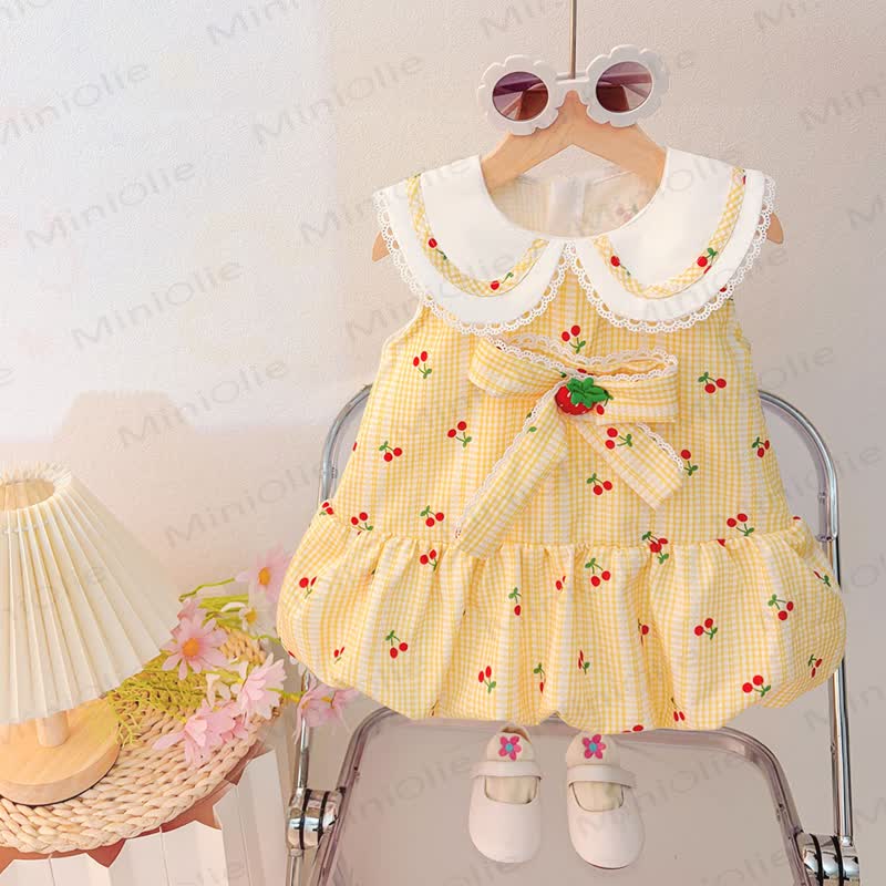 ベビー・幼児用女の子向けコットンリボン付きギンガムチェックチェリー柄ノースリーブDress  - 黄色 - 4～5歳 - image 2