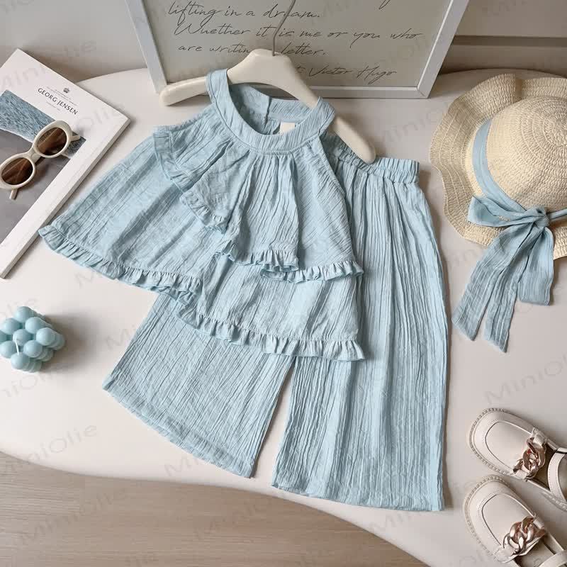 幼児用女の子向け無地タンクトップとパンツのセット - 青 - 8-9T - image 3