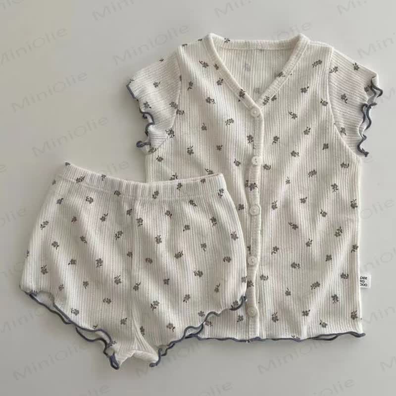 ベビーガールズ用コットン花柄タンクトップ＆ショートパンツパジャマセット - 青 - 2～3歳 - image 2