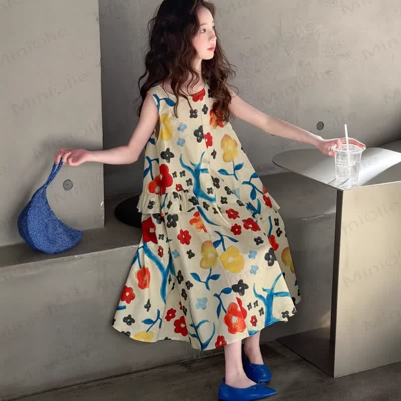 キッズガールズ用コットン花柄ノースリーブDress - image 1