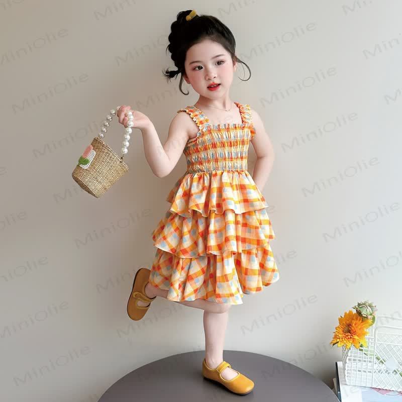 幼児用女の子向けコットンオレンジギンガムチェックノースリーブDress - image 1