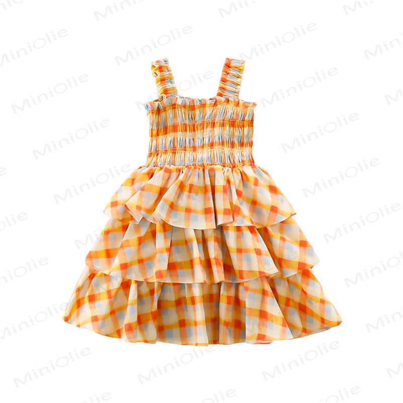幼児用女の子向けコットンオレンジギンガムチェックノースリーブDress - image 3