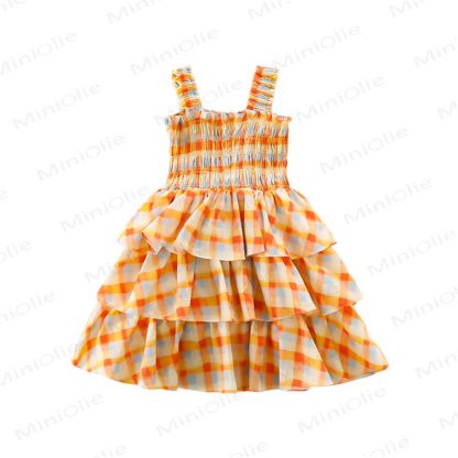幼児用女の子向けコットンオレンジギンガムチェックノースリーブDress - image 3
