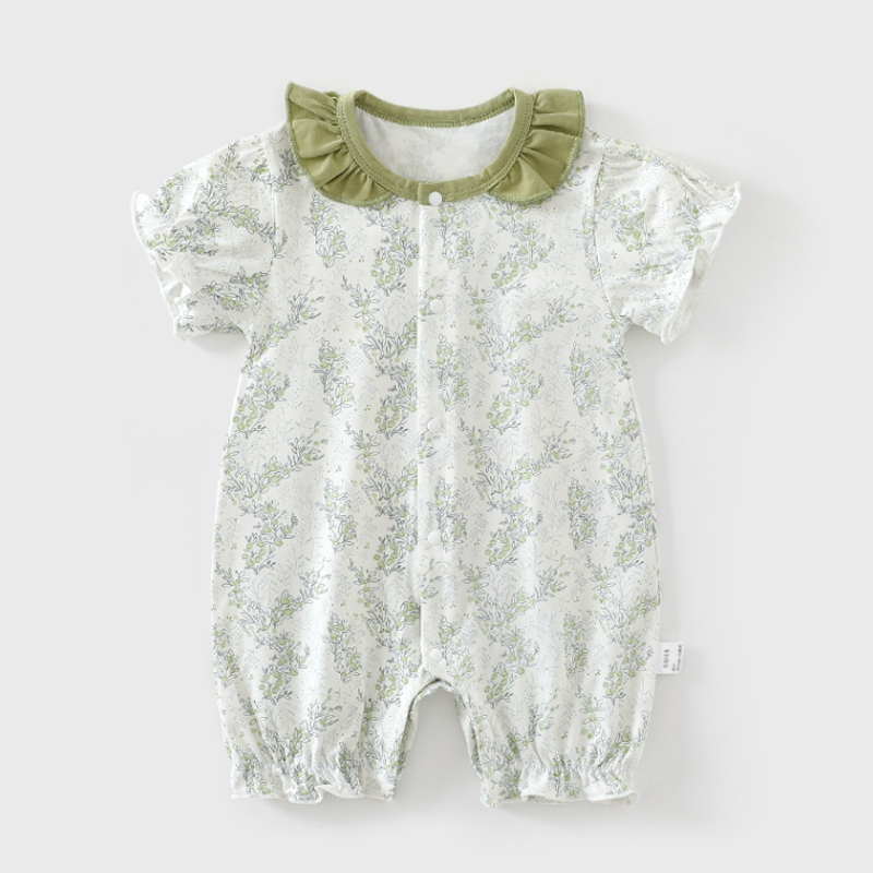ベビー用白と緑の花柄フリル襟ロンパース - ホワイト＆グリーン - 18～24ヶ月 - image 1