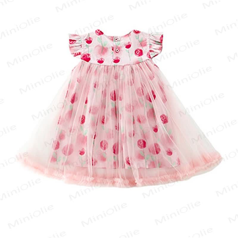 幼児用女の子向けピンク花柄リボンチュールノースリーブDress - image 3