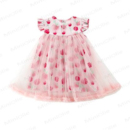幼児用女の子向けピンク花柄リボンチュールノースリーブDress - image 3