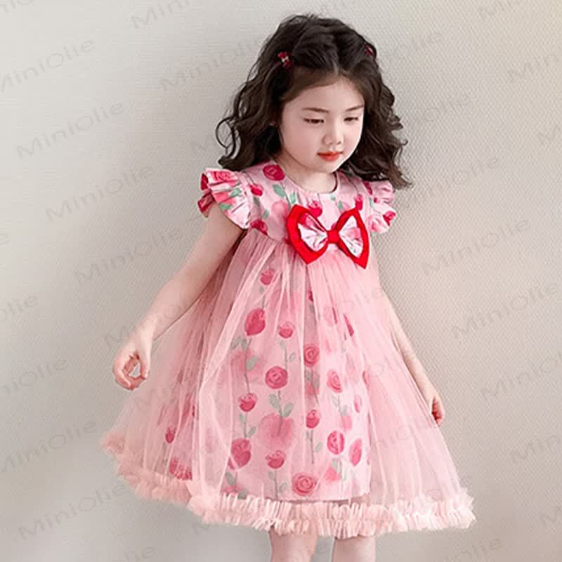幼児用女の子向けピンク花柄リボンチュールノースリーブDress - image 7