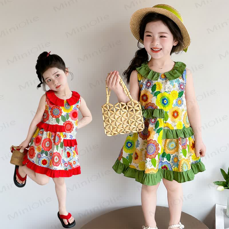 幼児用女の子向けコットン花柄ノースリーブDress - image 1