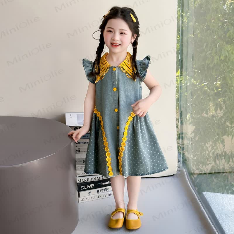 幼児用女の子向けドット柄リボン付き花柄ノースリーブDress - 青 - 8-9T - image 2