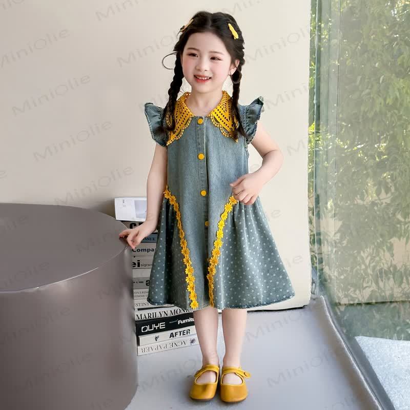 幼児用女の子向けドット柄リボン付き花柄ノースリーブDress - 青 - 8-9T - image 2