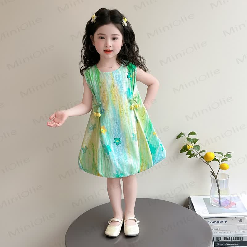 幼児用女の子向けプリンセス柄花柄コットンノースリーブDress - 黄緑 - 8-9T - image 3