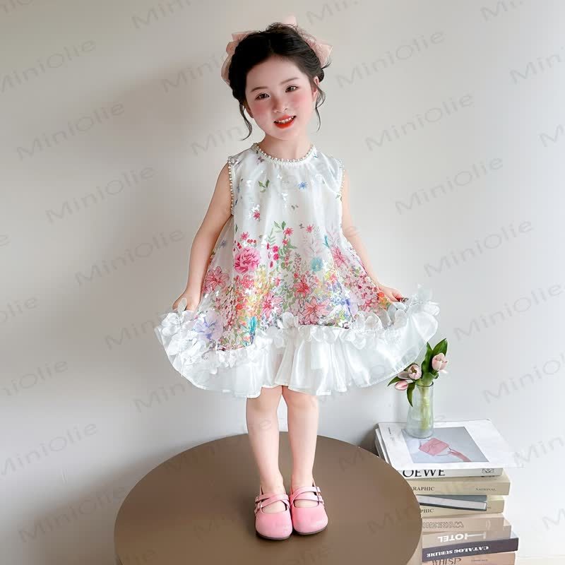 幼児用女の子向けパールトリム花柄リボンノースリーブDress - ベージュ - 8-9T - image 2
