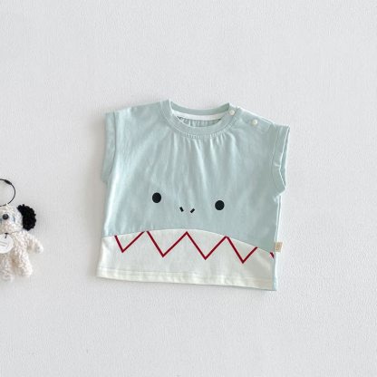 赤ちゃんの漫画顔ノースリーブTシャツ - 緑 - 4～5歳 - image 2