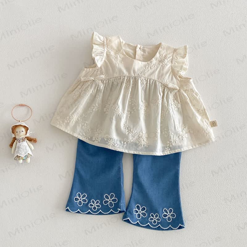 幼児用女の子向けコットン花柄レースタンクトップまたはパンツ - image 1