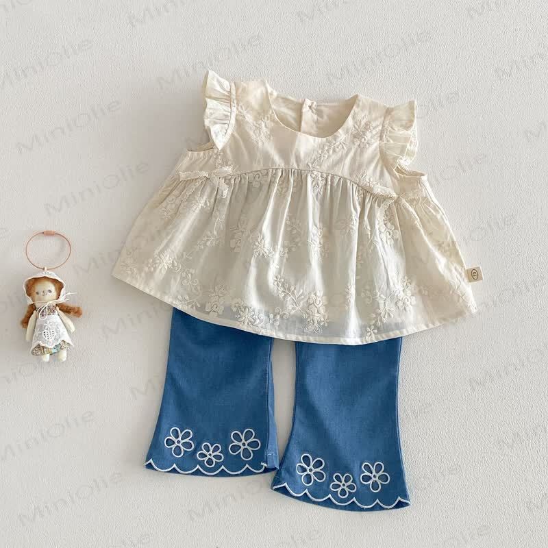 幼児用女の子向けコットン花柄レースタンクトップまたはパンツ - image 1