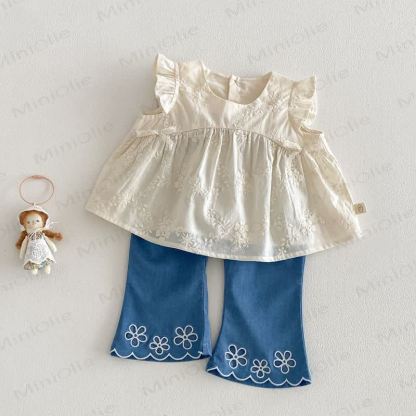 幼児用女の子向けコットン花柄レースタンクトップまたはパンツ - image 1