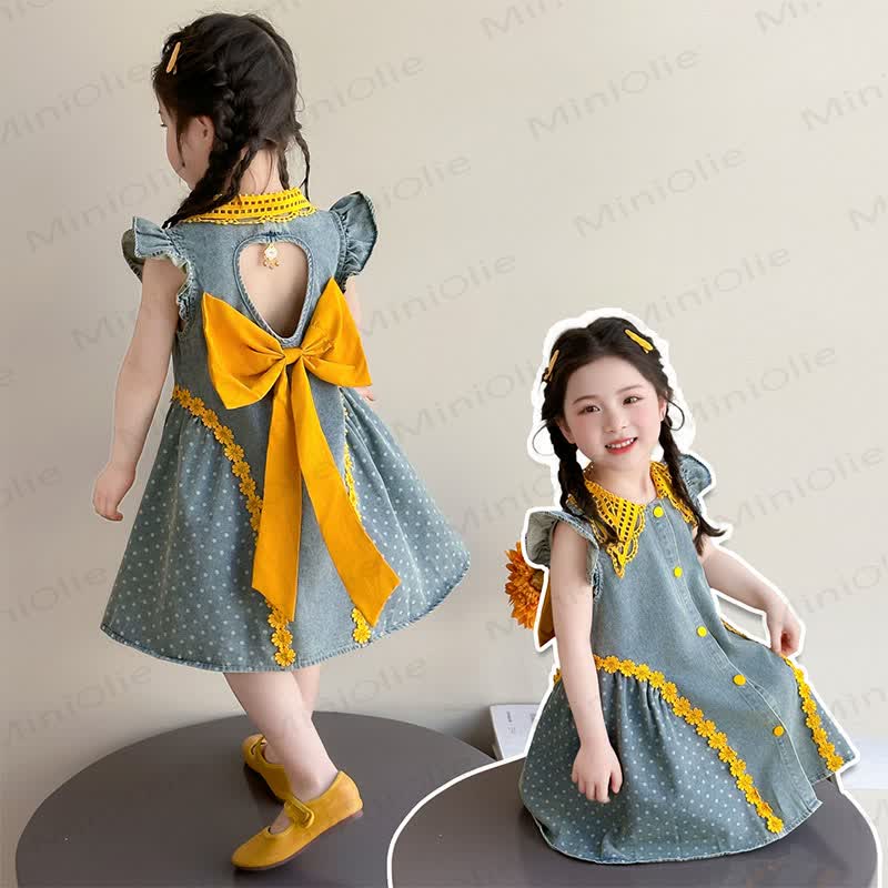 幼児用女の子向けドット柄リボン付き花柄ノースリーブDress - image 1