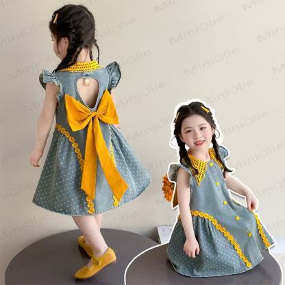 幼児用女の子向けドット柄リボン付き花柄ノースリーブDress - image 1