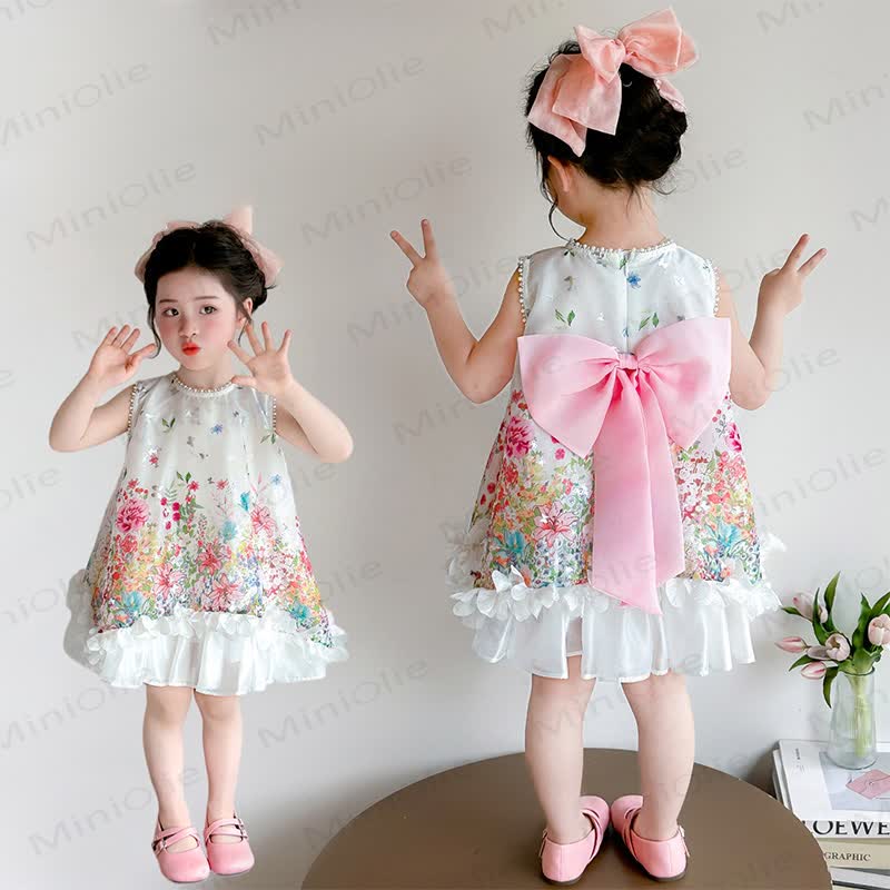 幼児用女の子向けパールトリム花柄リボンノースリーブDress - image 1