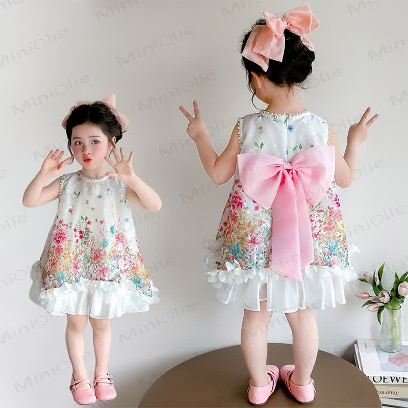 幼児用女の子向けパールトリム花柄リボンノースリーブDress - image 1