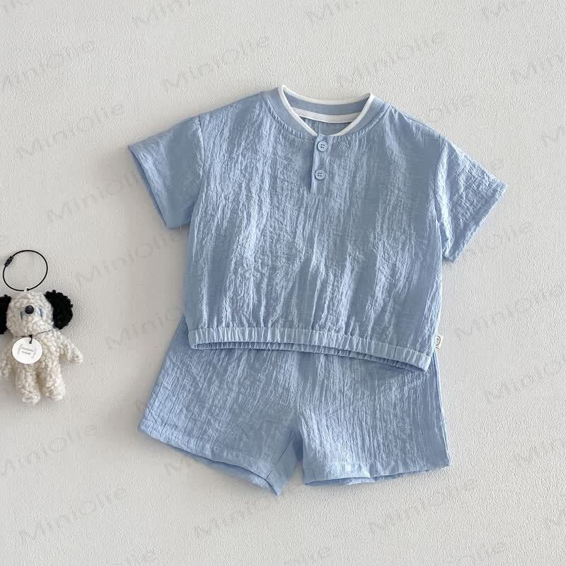 ベビー用通気性無地Tシャツ＆ショートパンツセット - 青 - 3～4歳 - image 3