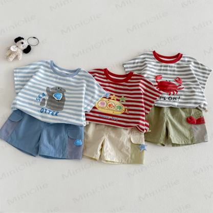 ベビー・幼児用コットンストライプTシャツまたは無地ショートパンツ - image 1