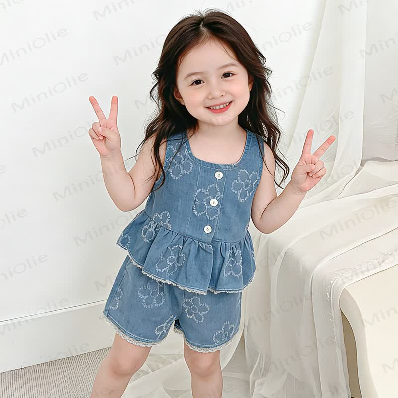ベビー・幼児用女の子向け花柄タンクトップ＆ショートパンツセット - 青 - 4～5歳 - image 2