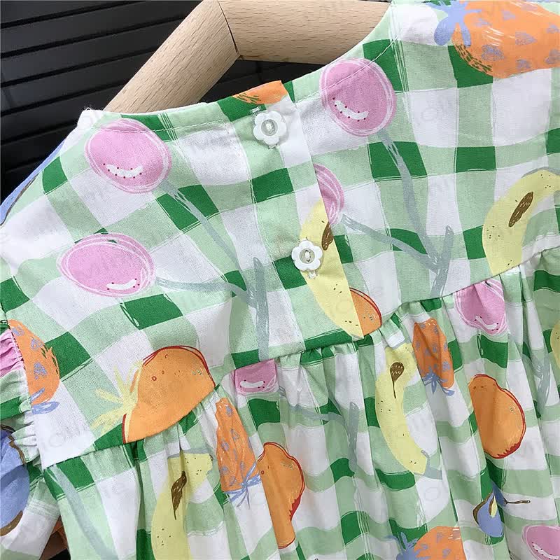 幼児用女の子ギンガムチェックフルーツ柄コットンフリル袖Dress - image 3