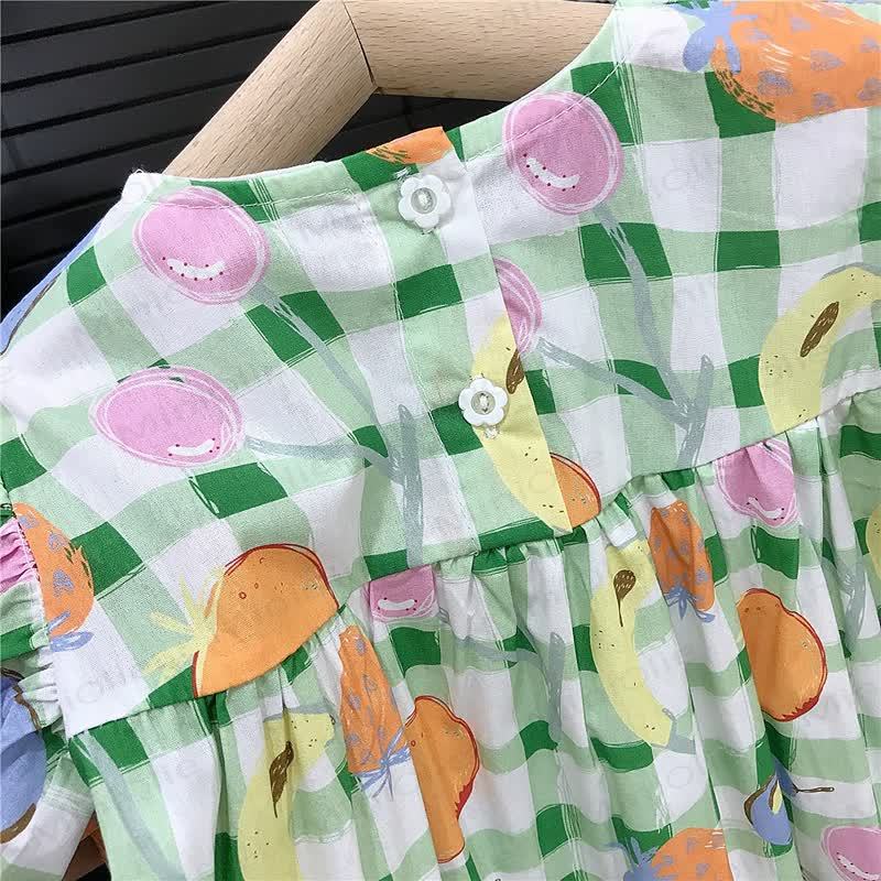 幼児用女の子ギンガムチェックフルーツ柄コットンフリル袖Dress - image 3