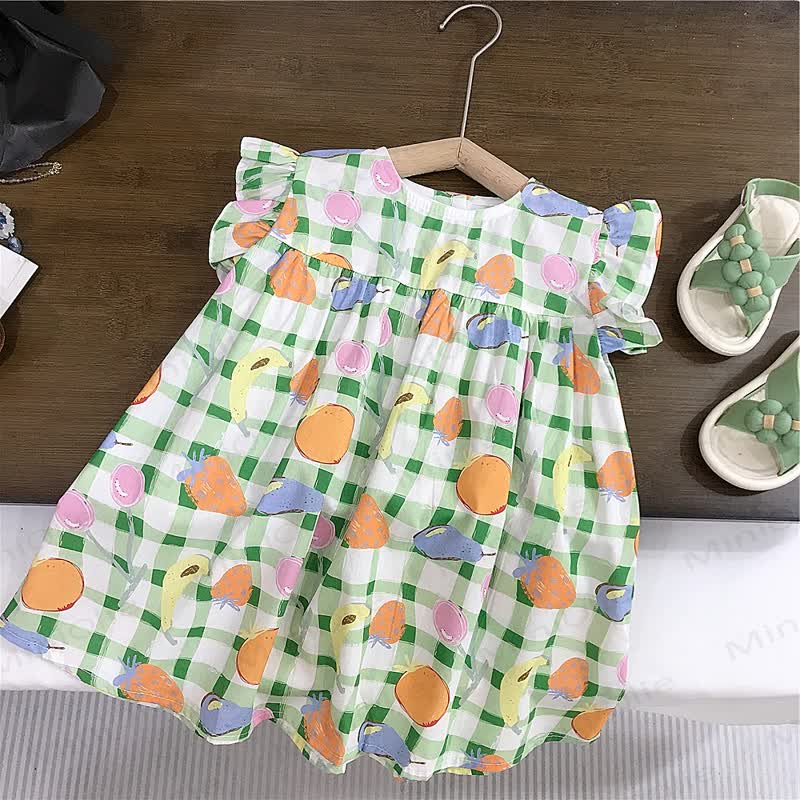 幼児用女の子ギンガムチェックフルーツ柄コットンフリル袖Dress - 緑 - 8-9T - image 1