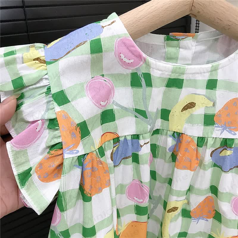 幼児用女の子ギンガムチェックフルーツ柄コットンフリル袖Dress - image 4
