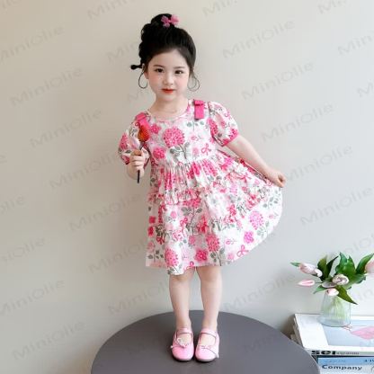 幼児用女の子向けコットン製ピンク花柄パフスリーブDress - ピンク - 8-9T - image 2