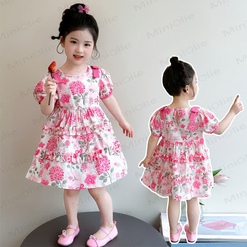 幼児用女の子向けコットン製ピンク花柄パフスリーブDress - image 1