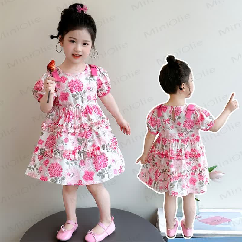 幼児用女の子向けコットン製ピンク花柄パフスリーブDress - image 1