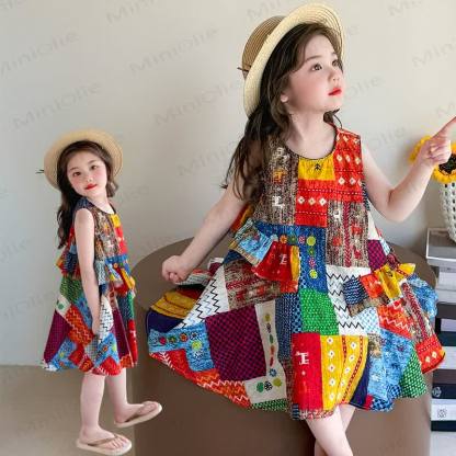 幼児用女の子向けコットン素材の波型チェック柄Dress - image 1
