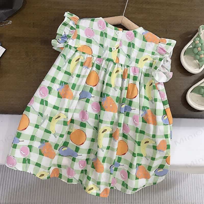 幼児用女の子ギンガムチェックフルーツ柄コットンフリル袖Dress - image 2