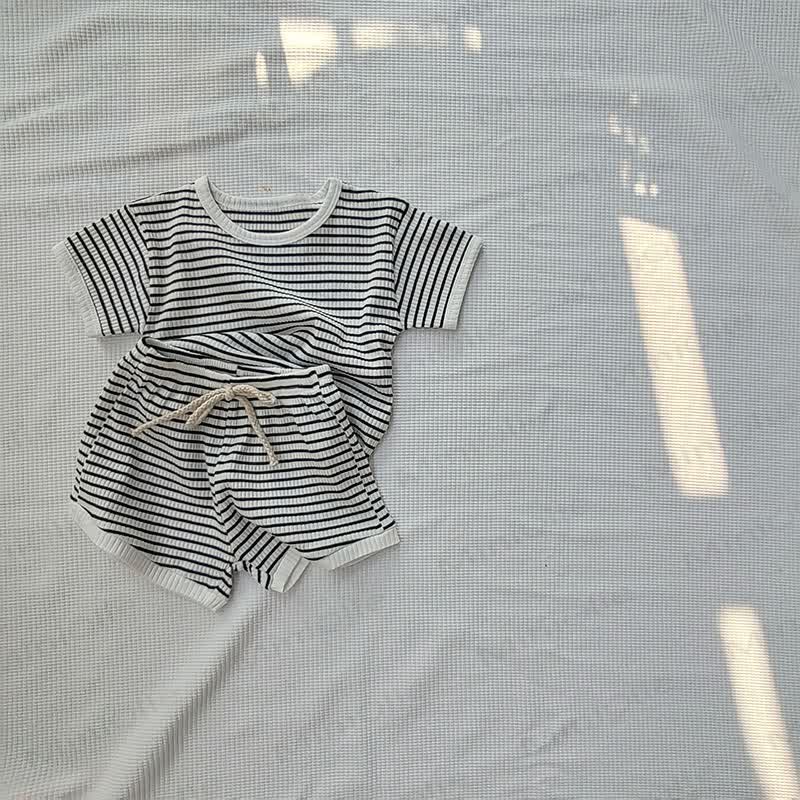 ベビー用コットンリブストライプトップス＆ショートパンツセット - 白 - 2～3歳 - image 2