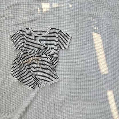ベビー用コットンリブストライプトップス＆ショートパンツセット - 白 - 2～3歳 - image 2