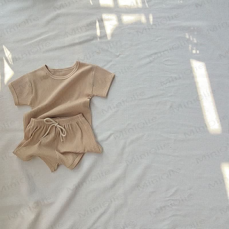 ベビー用コットンリブストライプトップス＆ショートパンツセット - アプリコット - 2～3歳 - image 4