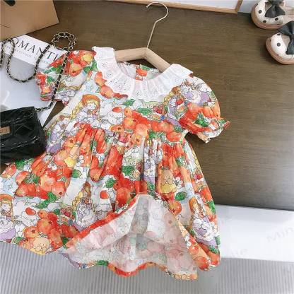 幼児用女の子向けコットンオレンジプリントパフスリーブDress - image 2